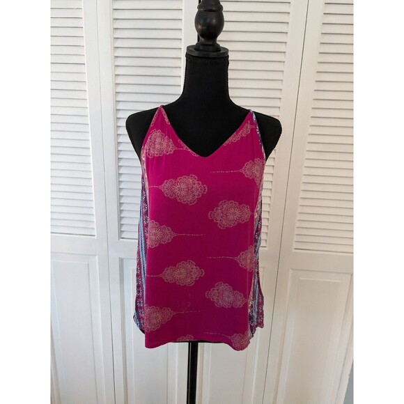 Renee C Women's sz S Rayon Camisole Pink Cream Blue Medallion Print Halter Style - Picture 3 of 12